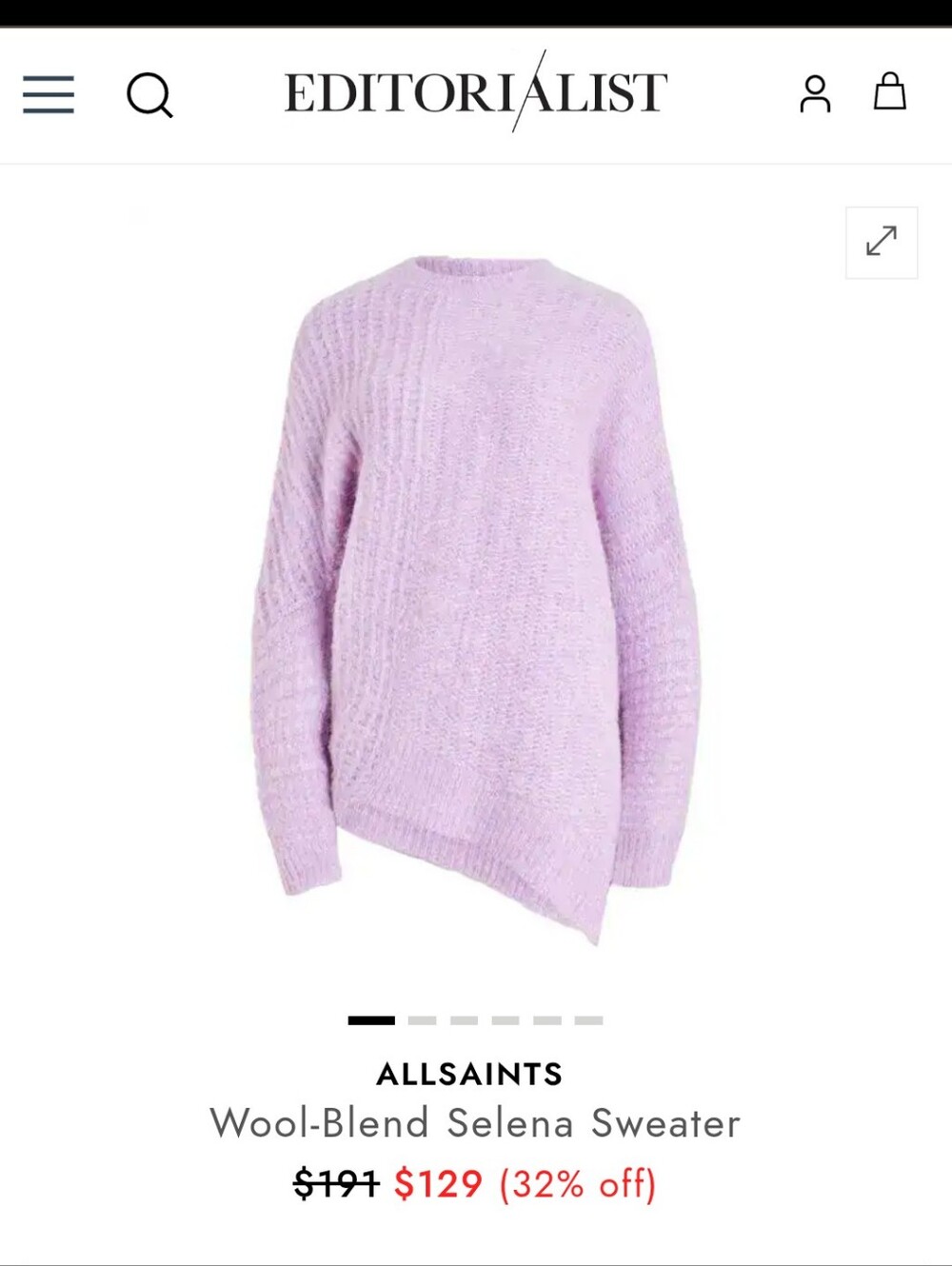 EUC ALLSAINTS Selena Asymmetric Wool Blend Sweater - Lilac Haze, XS